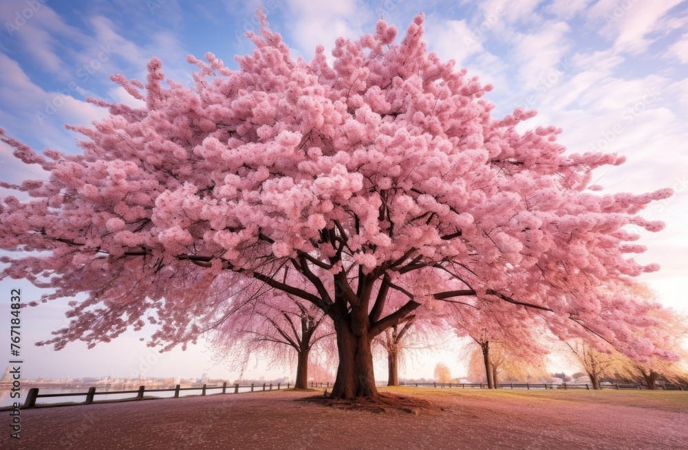 Blossoming cherry trees line a rural path on a sunny spring day