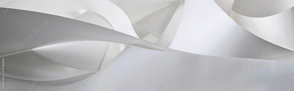 3D render of an abstract minimalistic background with curved white paper elements on a light grey floor, closeup. 3D render of an abstract minimalistic background with curved white paper elements on a light grey floor, closeup.