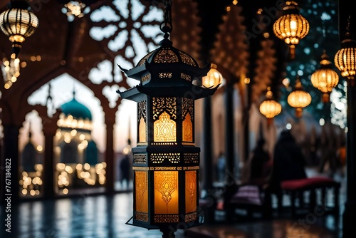 lantern with beautiful bokeh of holiday lights and mosque in background