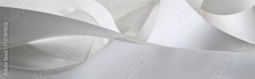 3D render of an abstract minimalistic background with curved white paper elements on a light grey floor, closeup.