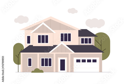 Residential House Exterior. Home building architecture Facade with Garage, Porch. Real Estate. Flat Vector Illustration. © Viktoriia