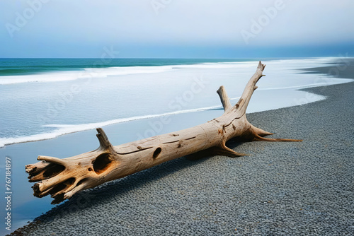 A solitary piece of bleached driftwood lies gracefully on the sands of a tranquil beach, its sculptural form contrasting against the serene blue waters and clear skies, invoking a sense of peace  © paolo