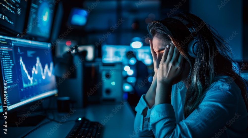 Frustrated woman wearing headphones facing computer screens at night. Technology and stress concept