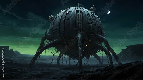 A grotesquely pulsating Lovecraftian lunar moon module, its twisted tendrils reaching out towards the desolate landscape below. This concept art is a digitally painted masterpiece, showcasing intricat photo