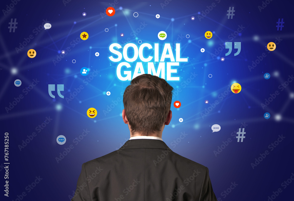 Rear view of a businessman, social media concept Rear view of a businessman, social media concept