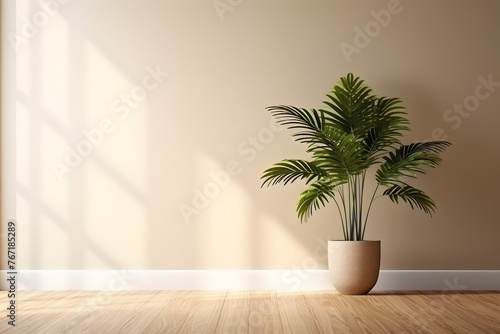 A blank beige brown wall with a green tropical tree inside a vase