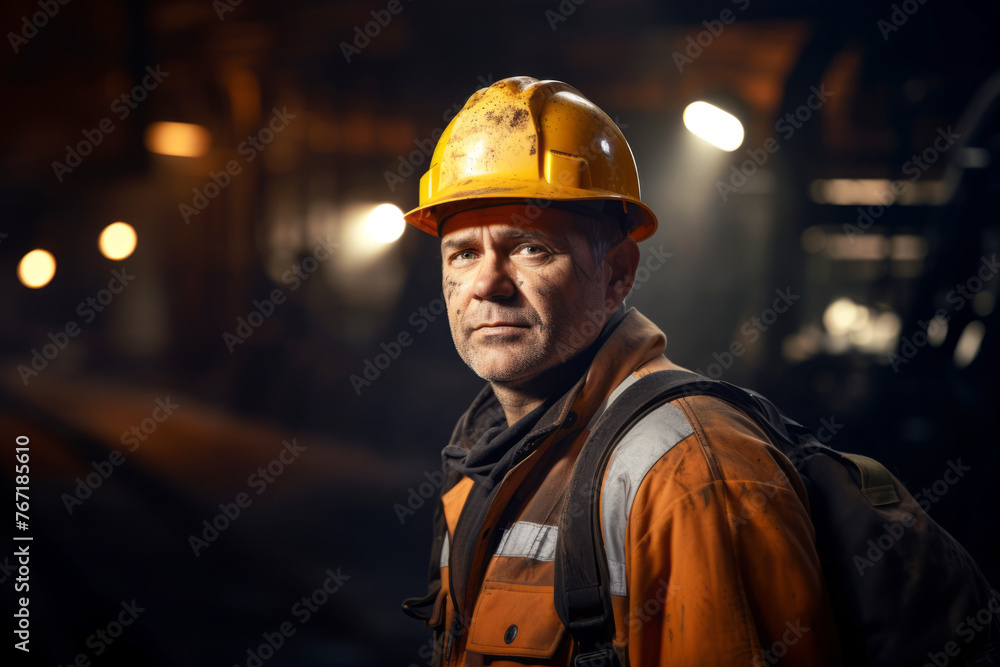 Portrait of a mining engineer or mining worker in a protective helmet and vest underground on a dark background with lights in the background with space for text or inscriptions
Portrait of a mining engineer or mining worker in a protective helmet and vest underground on a dark background with lights in the background with space for text or inscriptions
