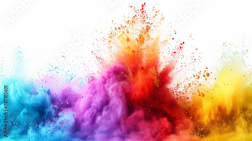 Colorful Powder Splash Isolated on White, Artistic Rainbow Smoke Effect, Holi Powder, Creative Idea Blast.
