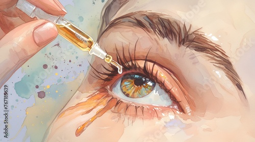 Woman drips eye drops into eye for allergies closeup. photo