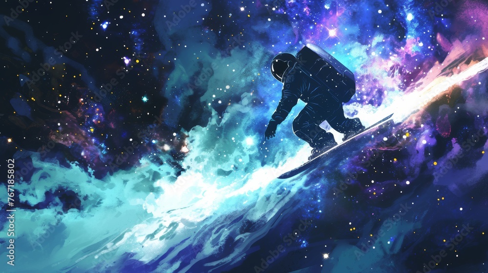 In watercolors, a space-suited figure carves through the vacuum, a snowboarder against the backdrop of distant galaxies.
