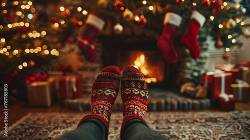 christmas red socks with christmas tree with gifts. Image very corolful and copy space
