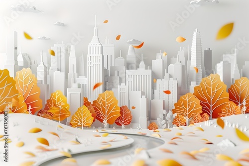 Landscape paper cut with trees on white background. Autumn cityscape in paper art style. 