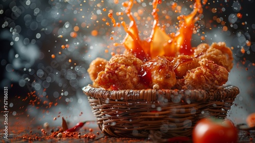 A stylized photo of fried chicken bursting energetically from a woven basket, along with dipping sauce splatters and chili powder.