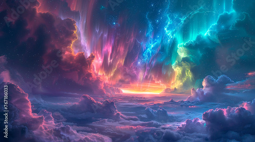 Colorful sky filled with clouds and stars. Rainbow aurora lights.