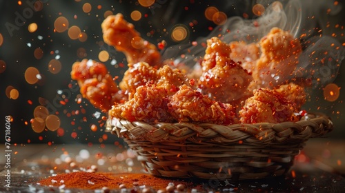 A stylized photo of fried chicken bursting energetically from a woven basket, along with dipping sauce splatters and chili powder.