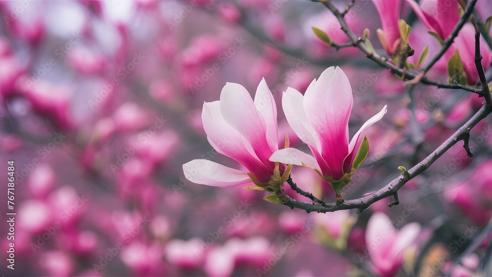 Lovely magnolia blossom with soft focus on floral background