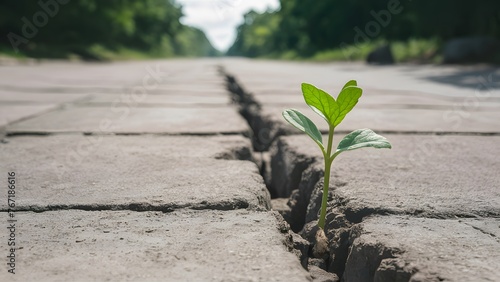 Lovely young plant growing in pavement crack, concept of hope