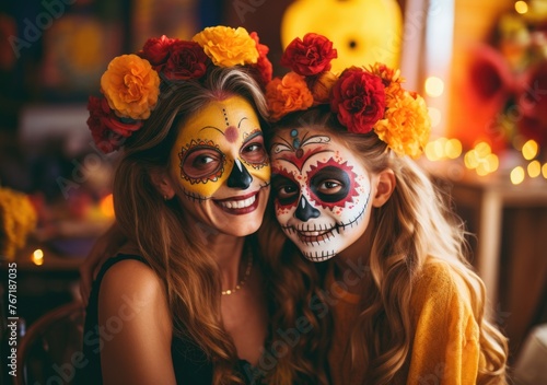 Mother and Daughter Celebrating Day of the Dead With Traditional Sugar Skull Makeup