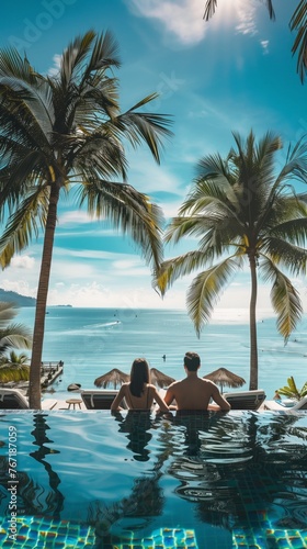 Young, loving couple view from the back, enjoying their vacation in tropical destination country. Pool relax with sea ocean and palm trees landscape, leisure, romance, and exotic travel experiences. © Ilia