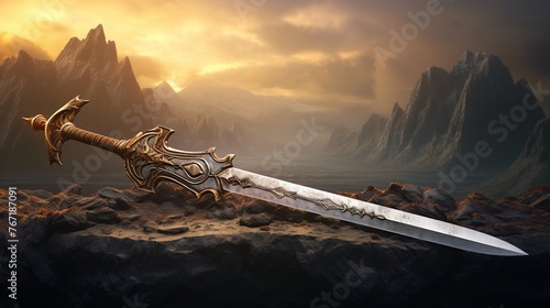 a sword with a golden handle on a rocky surface