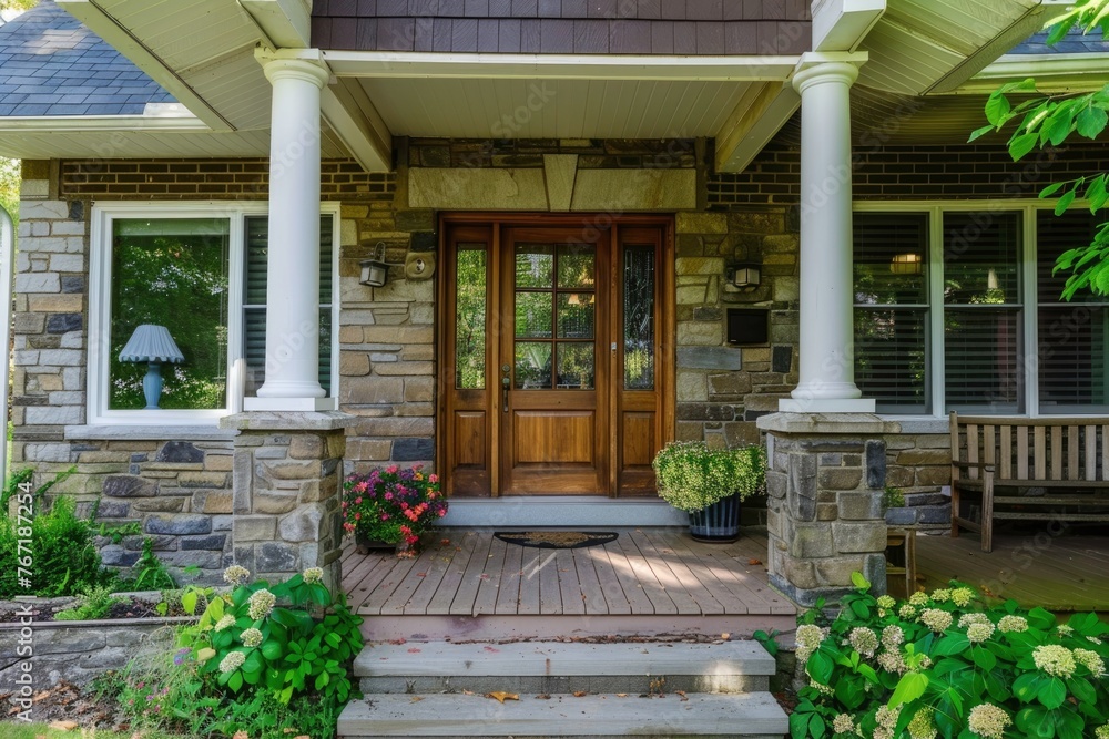 Obraz premium A large house with a porch and a wooden door. The door has a window in it. The house has a lot of greenery around it, including flowers and plants