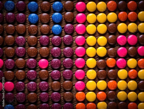 Colorful assortment of candy on a wooden table in warm indoor lighting