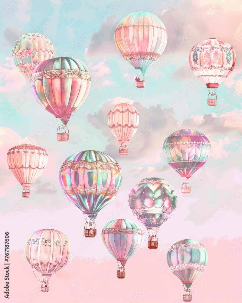 A colorful collection of hot air balloons floating in the sky. The balloons are of various sizes and colors, creating a vibrant and lively atmosphere. Concept of freedom and joy