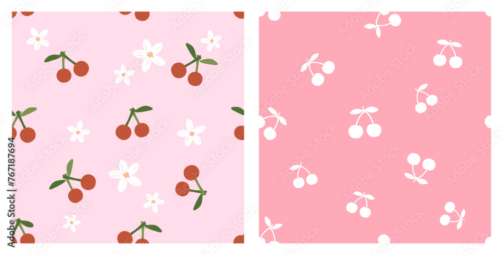 Seamless pattern with cherry fruit, green leaves and white flower on pink background. Seamless pattern with cherry on sweet pink background vector. Seamless pattern with cherry fruit, green leaves and white flower on pink background. Seamless pattern with cherry on sweet pink background vector.