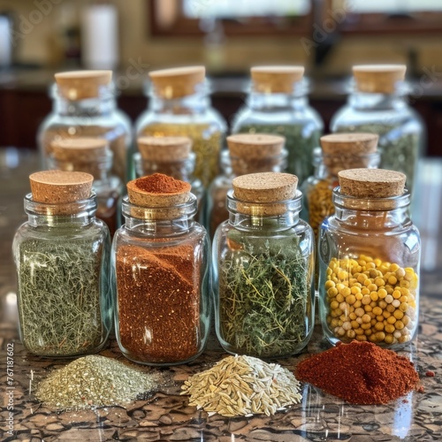 A collection of spices and herbs are displayed in glass jars on a counter. The jars are arranged in a row, with some containing red spices and others containing green herbs