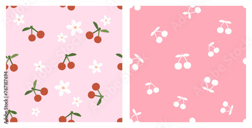 Seamless pattern with cherry fruit, green leaves and white flower on pink background. Seamless pattern with cherry on sweet pink background vector. 