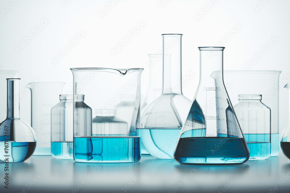 Vibrant Blue Chemical Solutions in Laboratory Glassware on White Backdrop Vibrant Blue Chemical Solutions in Laboratory Glassware on White Backdrop