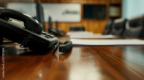 A black phone sits on a wooden table in front of a large board with a logo on it