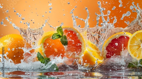 A Fresh citrus fruits caught in a lively splash