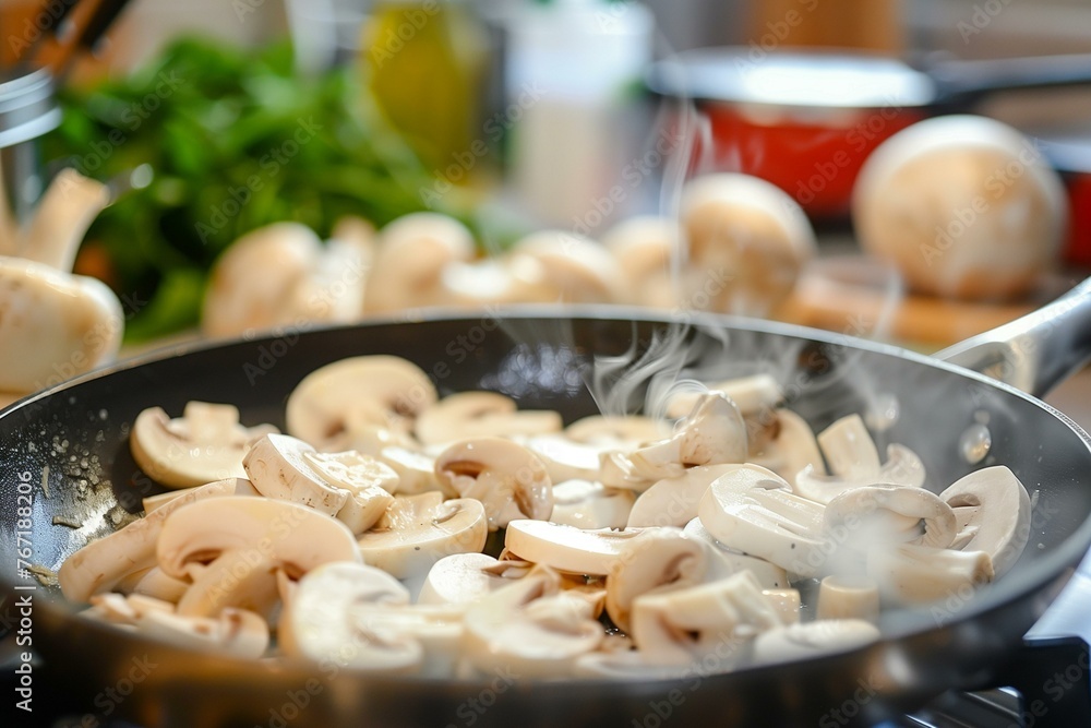 Fresh White Button Mushrooms Sizzling in a Pan Fresh White Button Mushrooms Sizzling in a Pan