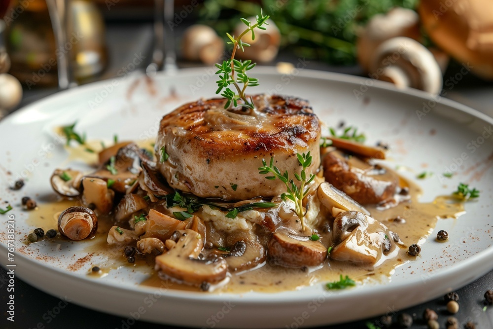 Gourmet Seared Steak with Mushrooms and Herbs Plate Gourmet Seared Steak with Mushrooms and Herbs Plate
