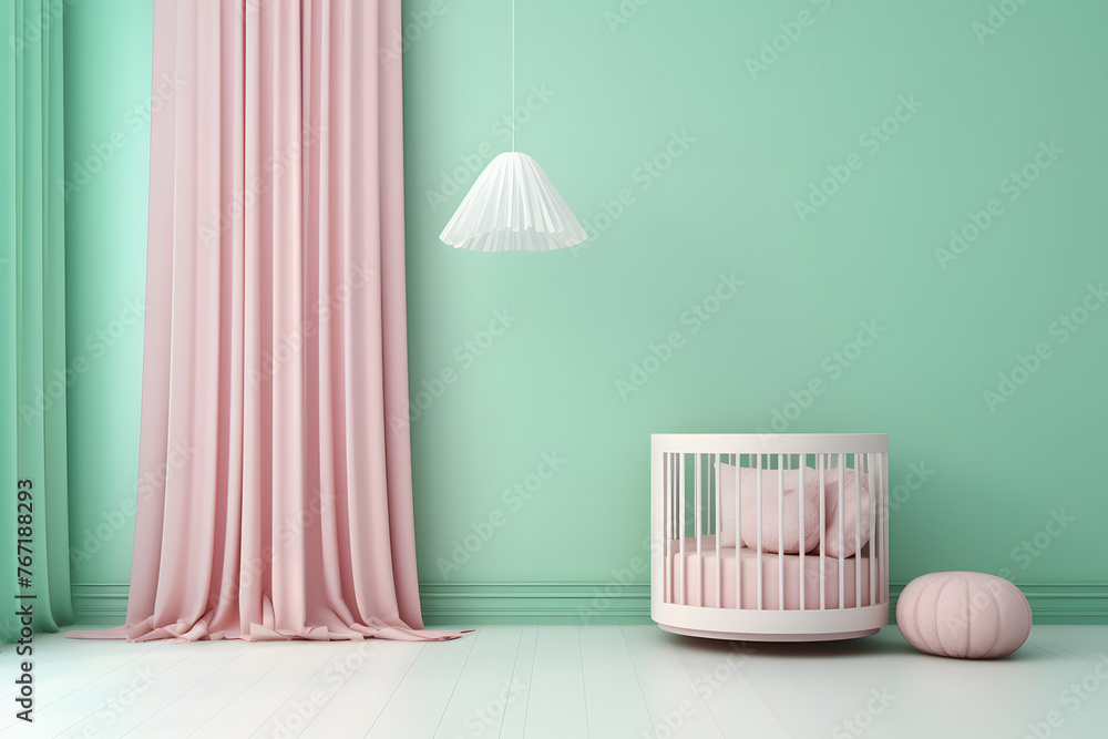 Wainscot baby cribs on a pastel color wall. Minimalist concept - obrazy, fototapety, plakaty 