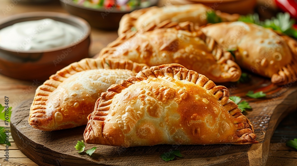 A Tempting golden empanadas served with creamy dips on a wooden board A Tempting golden empanadas served with creamy dips on a wooden board
