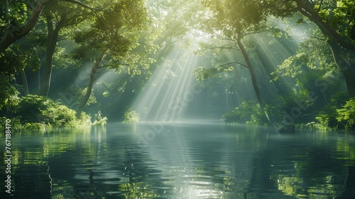 A Sunrays filter through the canopy in a mystical forest