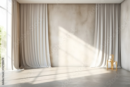 A blank white concrete texture wall with a curtain on a windows with natural light