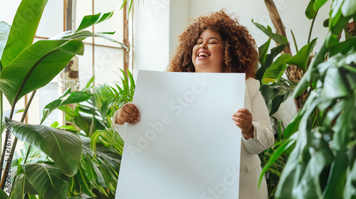 Mulher afro plus size sorrindo vestindo terno branco segurando um cartaz em branco em um ambiente cheio de plantas tropicais photo