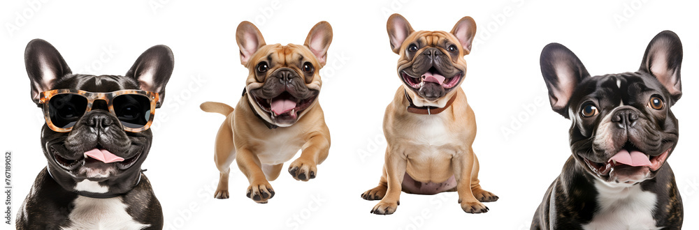 Series of Happy French Bulldog: Dog Exhibiting Different Styles - Running, Playing, Jumping, Sitting, Close Up, Sunglasses Dog, Isolated on Transparent Background, PNG