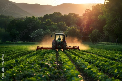 Farmer operating a tractor in a picturesque Maryland field during sunset. Concept Tractor, Maryland, Sunset, Farming, Landscape