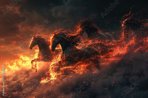Through a world ablaze, horses with fiery manes race the wind, their beauty a fierce blaze against the dark , 3D illustration