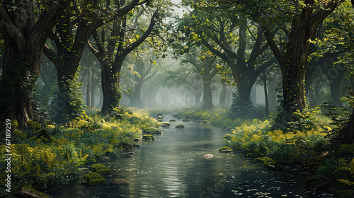 captivating digital masterpiece featuring a fairytale enchanted forest, with towering trees cloaked in verdant foliage and a serene river winding its way through the lush landscape