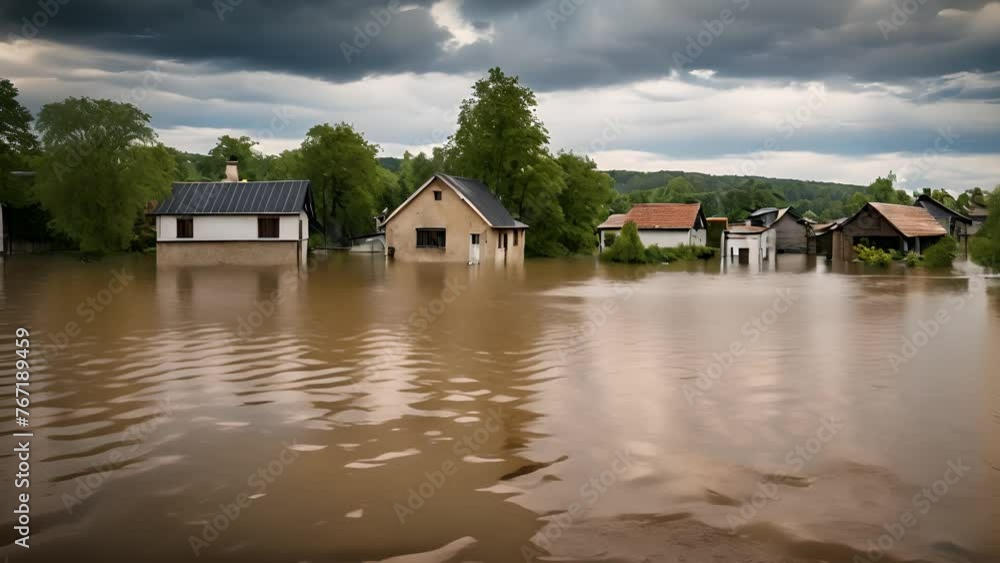 Heavy floods submerged building and a farm in a rural area.Poured out rivers, natural disasters.Water rushing and damaged building and fields in the countryside.Overcast and cloudy weather. Heavy floods submerged building and a farm in a rural area.Poured out rivers, natural disasters.Water rushing and damaged building and fields in the countryside.Overcast and cloudy weather.
