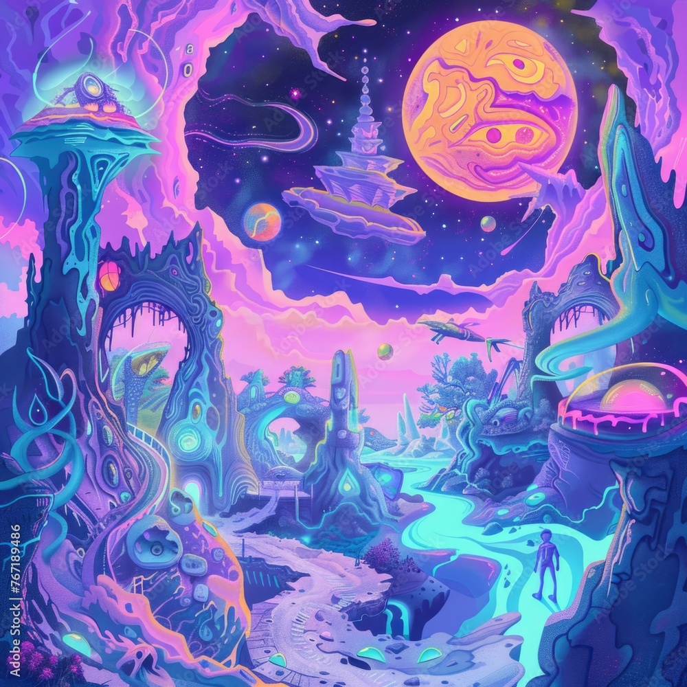A colorful painting of a space scene with a large yellow moon. The painting is full of bright colors and has a dreamy, otherworldly feel to it A colorful painting of a space scene with a large yellow moon. The painting is full of bright colors and has a dreamy, otherworldly feel to it