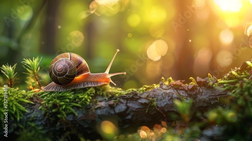 a snail on a mossy branch, close-up, sunny forest background, hyperrealistic, copy and text space, 16:9