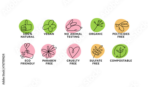 Vector set linear icons, logos or labels for natural and organic products. Outline symbols for food and cosmetics
