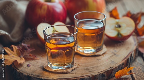Apple cider vinegar on a wooden table, with apples in the background, beverage photography, hollywood Weight loss trend, copy and text space, 16:9