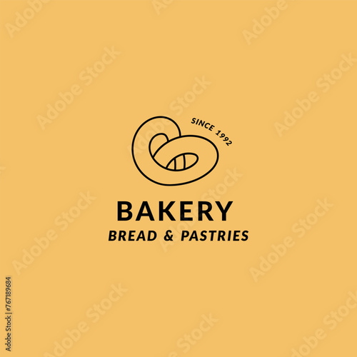 Vector template linear logo for bakery, cafe, cupcake shop, pastries. Emblem with pretzel
